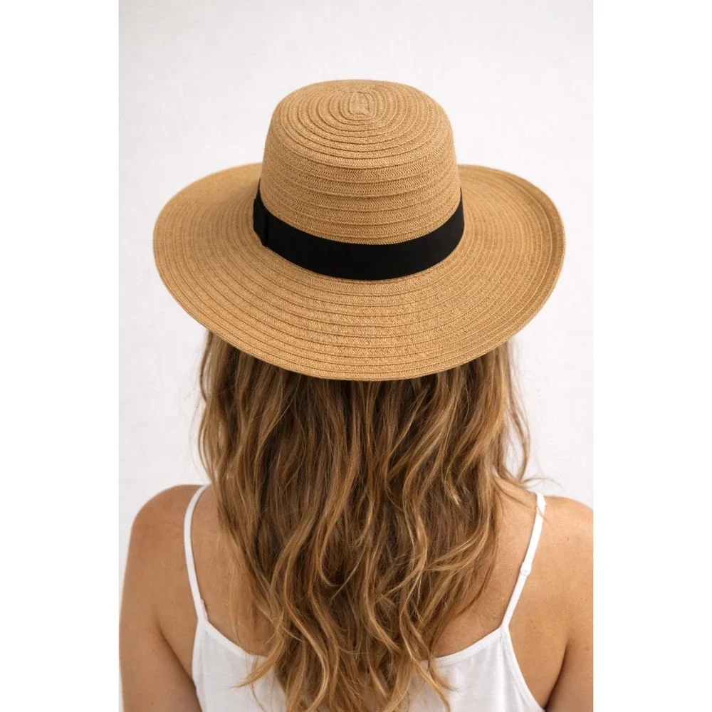 San Diego Hat Co Women Four Buttons Tan Straw Sun Hat Black Ribbon Band Women OS